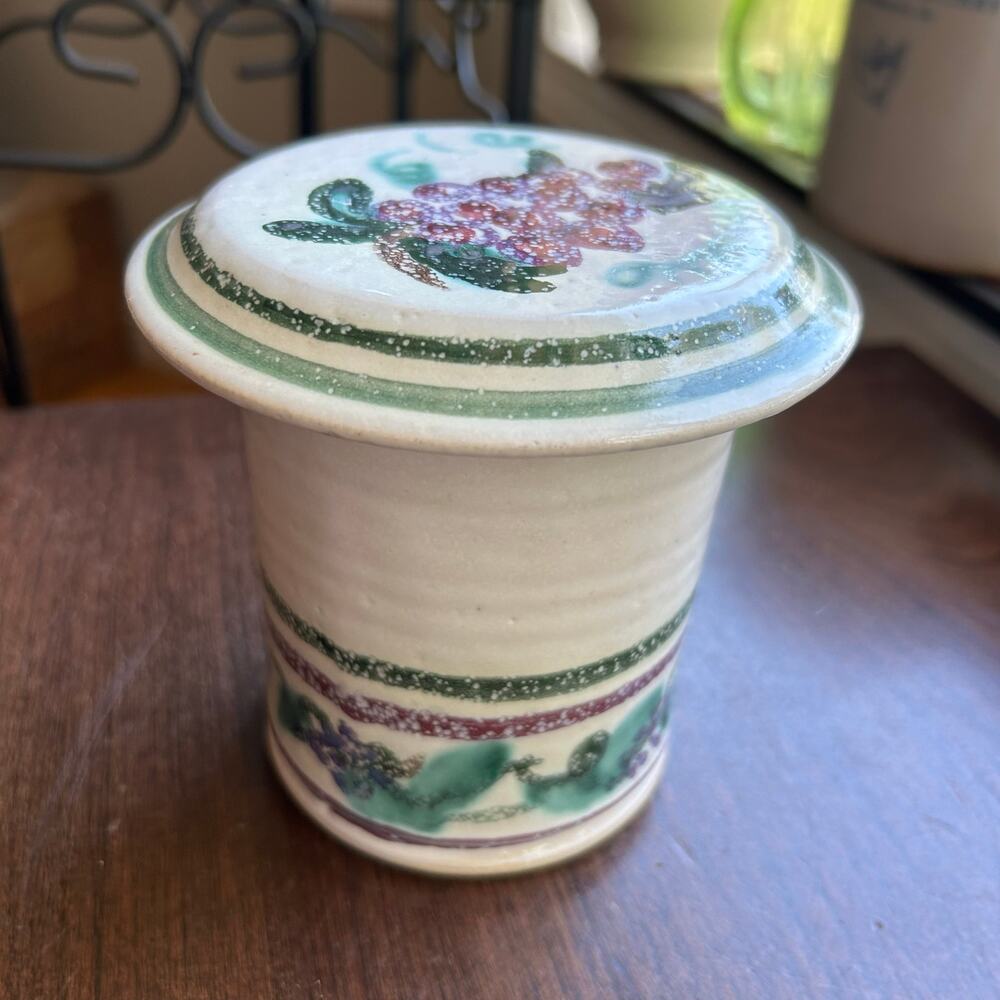 Unique Ceramic Jar W/ Butter Bell Lid Painted Green Stripes & Red Grapes signed